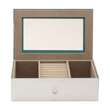 Open silver mirror glass jewellery box with taupe lined interior, showing a central ring roll and two side compartments, plus a mirror inside the lid, on a white background.