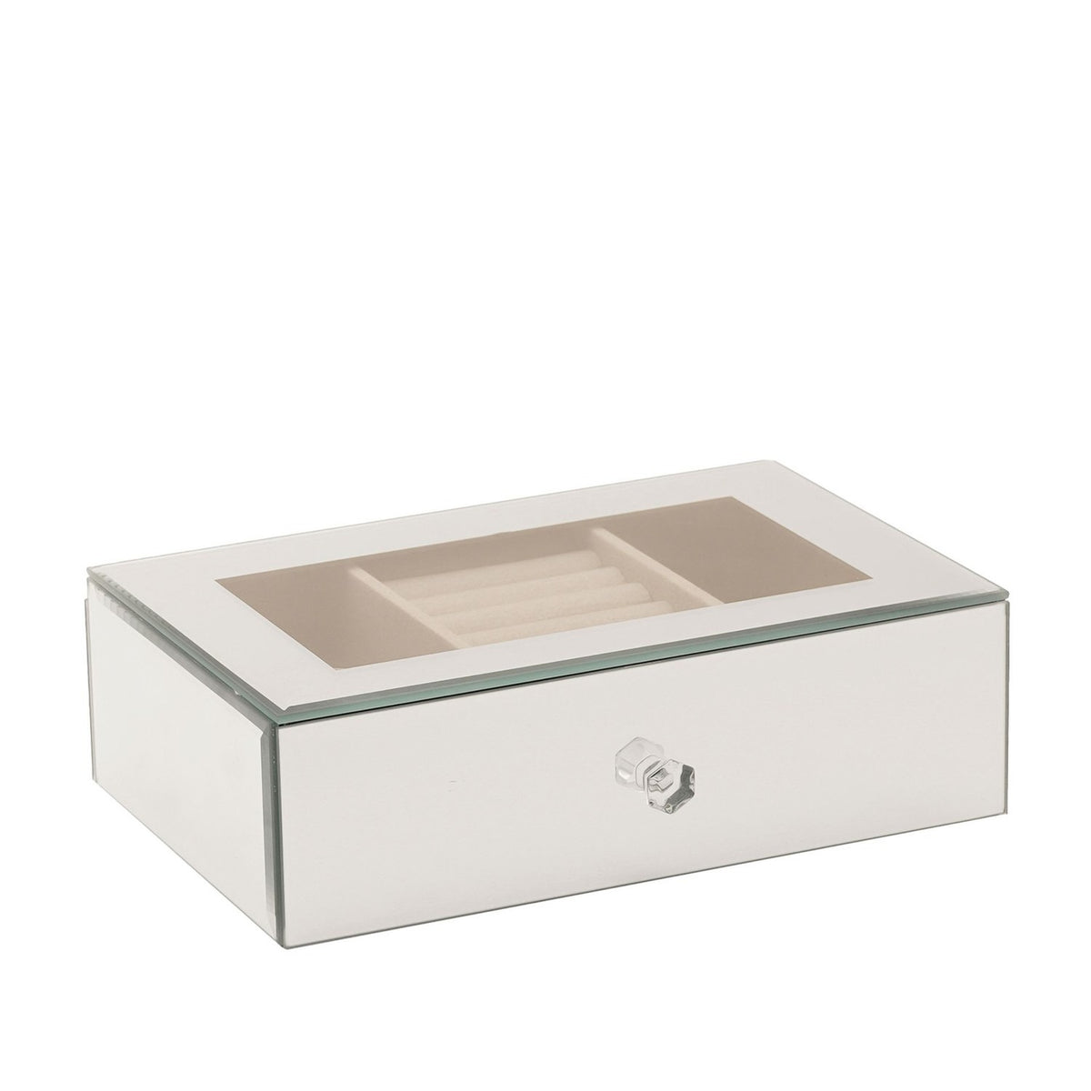 Rectangular mirrored glass jewellery box in silver with glass lid framing a taupe interior featuring a central ring roll and side compartments, shown closed on a plain white background.