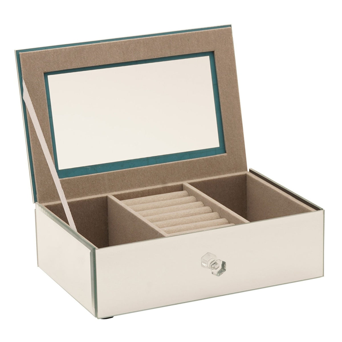 Open silver mirror glass jewellery box with mirrored lid revealing a taupe-lined interior, central ring roll and side compartments, clear knob handle, on a plain white background.