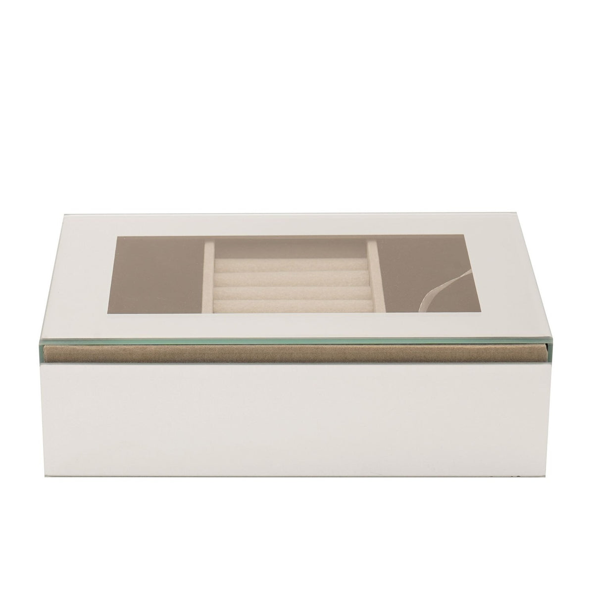 Rectangular silver mirror glass jewellery box with hinged lid open, showing a taupe lined interior with a central ring roll and side compartments, on a plain white background.