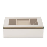 Rectangular silver mirror glass jewellery box with hinged lid open, showing a taupe lined interior with a central ring roll and side compartments, on a plain white background.