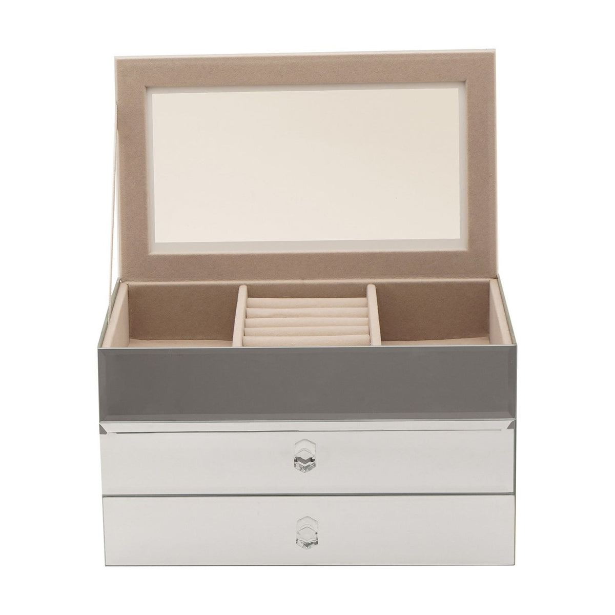 Rectangular mirrored glass jewellery box with two drawers, lid open to reveal a beige lined tray with a central ring roll and divided compartments, set against a plain white background.