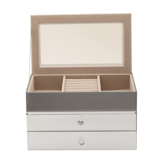 Rectangular mirrored glass jewellery box with two drawers, lid open to reveal a beige lined tray with a central ring roll and divided compartments, set against a plain white background.