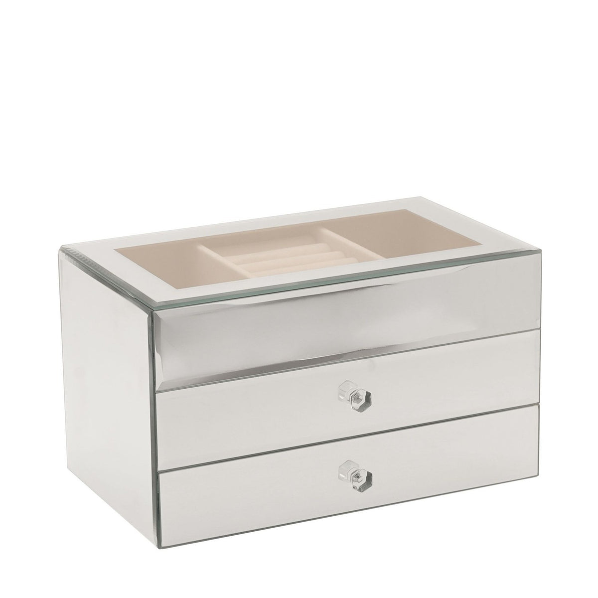 Rectangular mirrored glass jewellery box with two drawers and crystal-style handles, open top tray with ring roll, silver finish on a plain white background.
