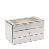 Rectangular mirrored glass jewellery box with two drawers and crystal-style handles, open top tray with ring roll, silver finish on a plain white background.