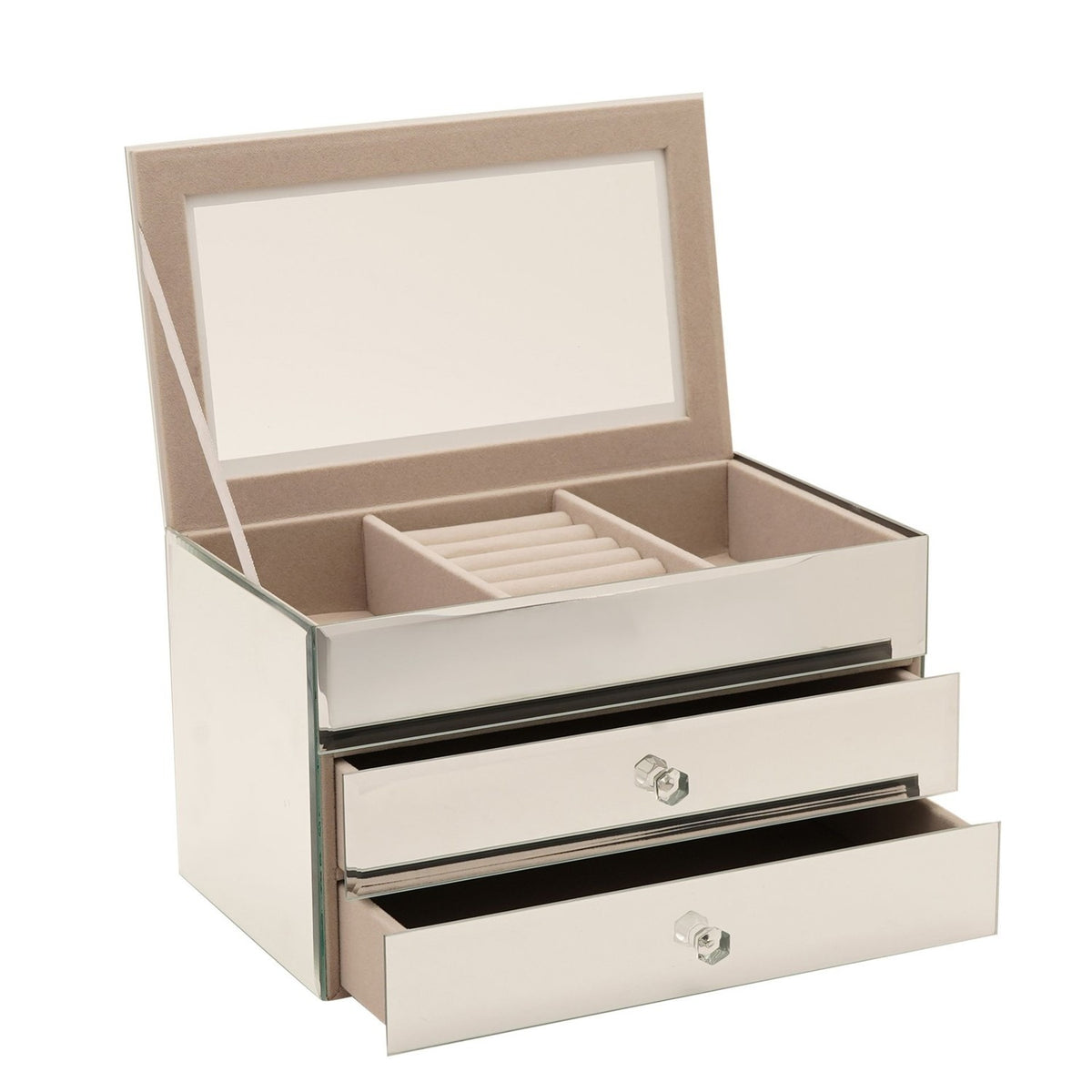 Rectangular mirror glass jewellery box in silver with lid open showing a lined tray and ring roll, plus two open drawers with glass knobs, on a plain background.