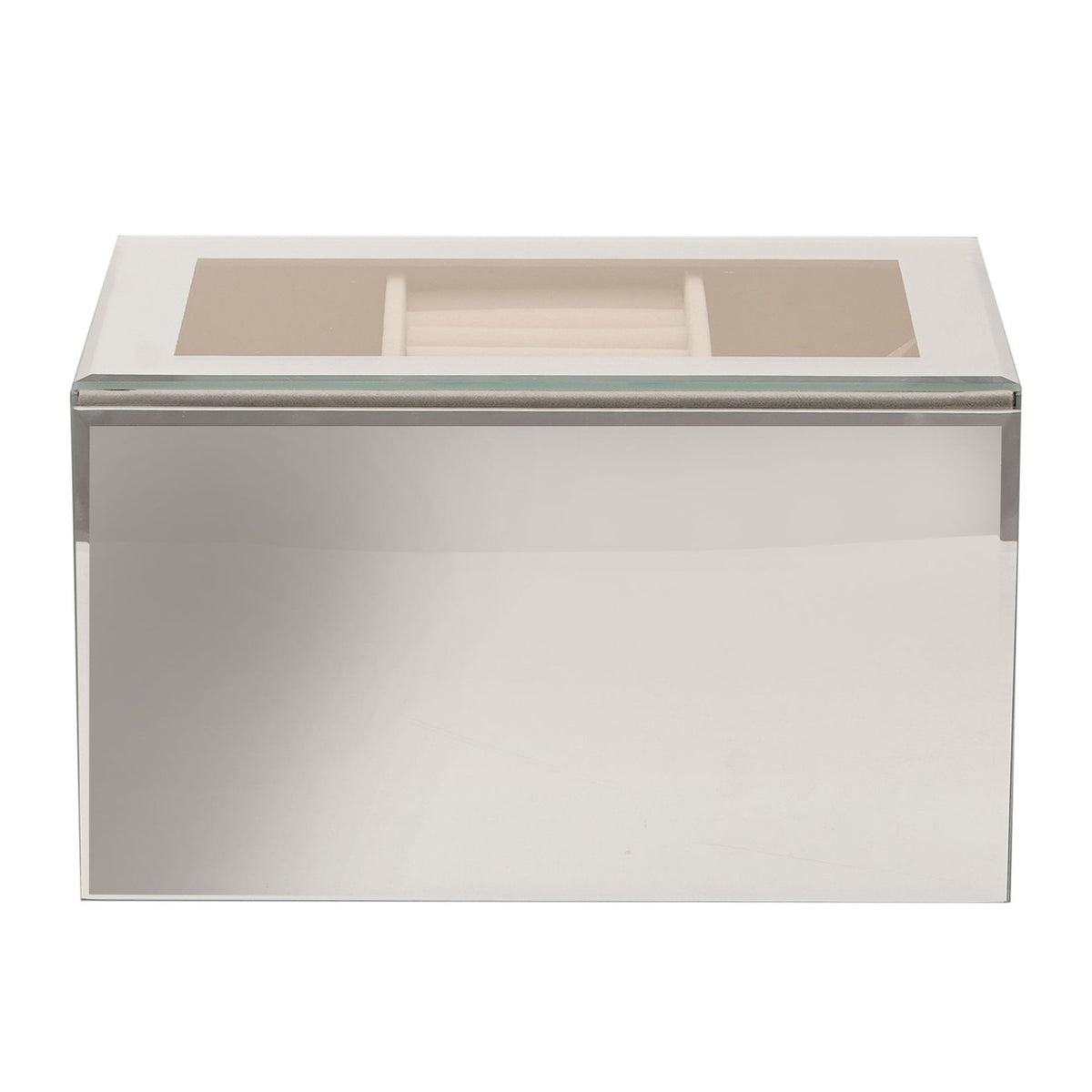 Rectangular mirror glass jewellery box in silver with a hinged lid revealing a lined tray and ring roll, shown closed on a plain white background.