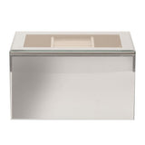 Rectangular mirror glass jewellery box in silver with a hinged lid revealing a lined tray and ring roll, shown closed on a plain white background.