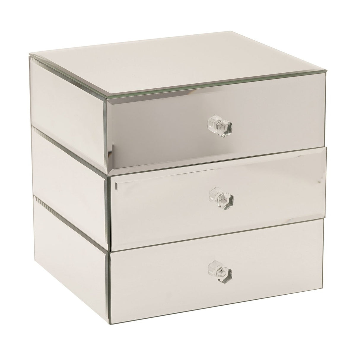 Bevelled Square 3 Drawer Mirror Glass Jewellery Box - Silver