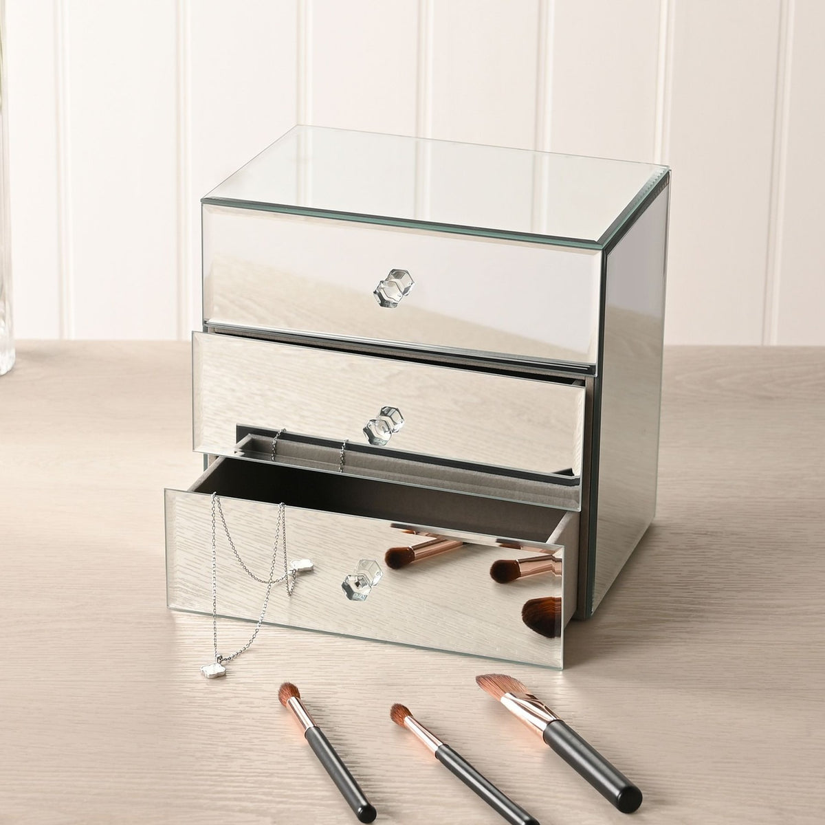 Bevelled Square 3 Drawer Mirror Glass Jewellery Box - Silver