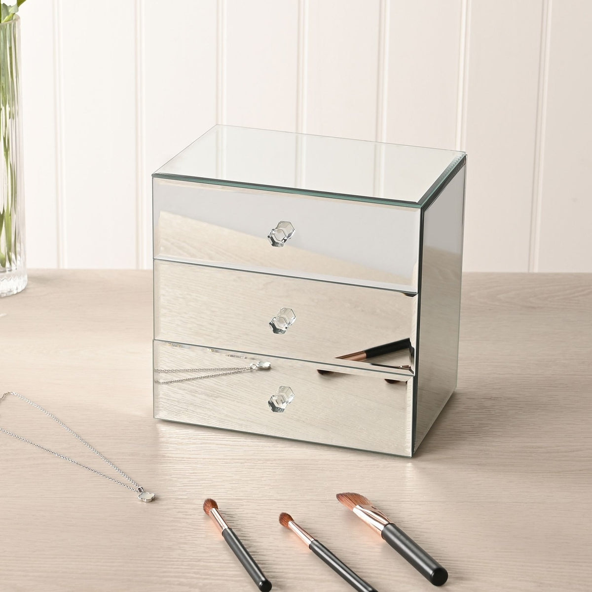 Bevelled Square 3 Drawer Mirror Glass Jewellery Box - Silver