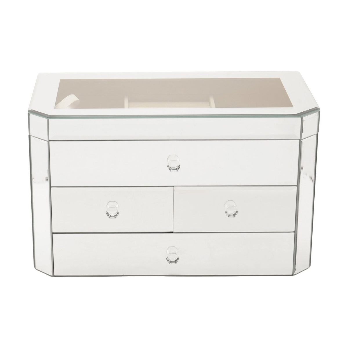 Rectangular 4-drawer mirrored glass jewellery box in silver with angled corners, lift-up lid revealing a beige compartmented tray, and clear faceted knobs, shown on a white background.