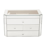 Rectangular 4-drawer mirrored glass jewellery box in silver with angled corners, lift-up lid revealing a beige compartmented tray, and clear faceted knobs, shown on a white background.
