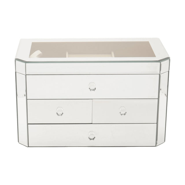 Rectangular 4-drawer mirrored glass jewellery box in silver with angled corners, lift-up lid revealing a beige compartmented tray, and clear faceted knobs, shown on a white background.