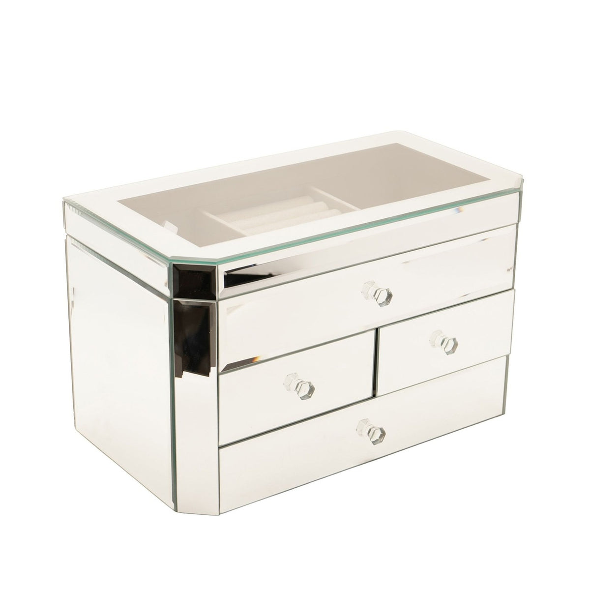 Rectangular mirror glass jewellery box in silver with four drawers, faceted knobs, angled corners and a lift-up lid showing a lined compartment, on a plain white background.