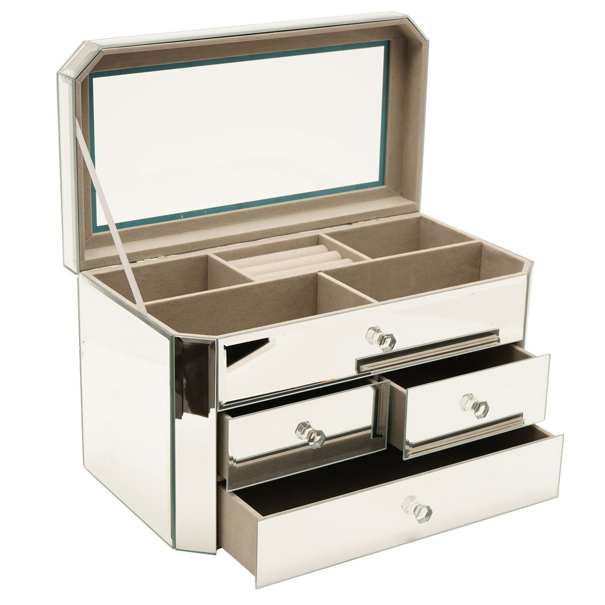 Rectangular mirror glass jewellery box in silver with lift-up lid open to reveal a taupe fabric-lined compartment, plus four drawers with clear faceted knobs, on a plain white background.