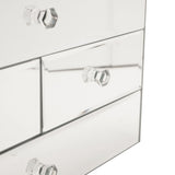 Close-up of the Rectangular 4 Drawer Mirror Glass Jewellery Box in silver, showing mirrored drawer fronts with clear faceted knobs and angled corners.