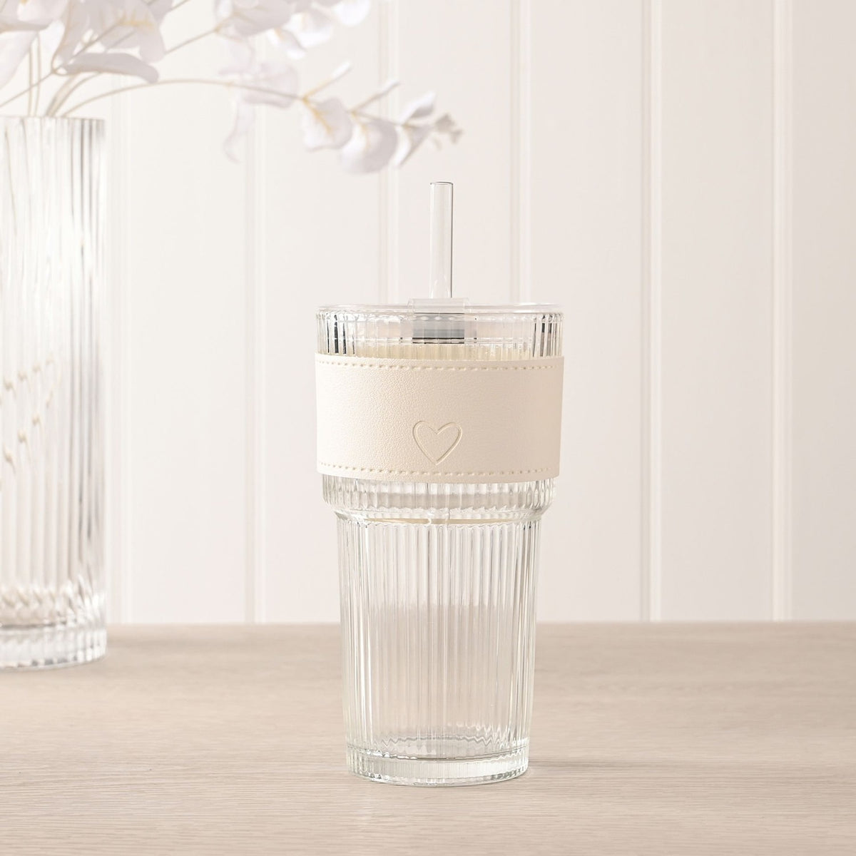 Ribbed Cold Drink Tumbler with Lid and Straw - Cream & Clear
