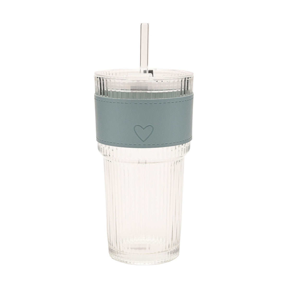 Ribbed cold drink tumbler in clear fluted glass with a blue sleeve featuring an embossed heart, fitted clear lid and straw, shown on a plain white background.