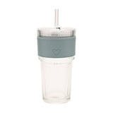 Ribbed cold drink tumbler in clear fluted glass with a blue sleeve featuring an embossed heart, fitted clear lid and straw, shown on a plain white background.