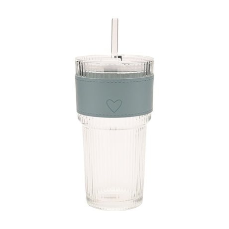 Ribbed cold drink tumbler in clear fluted glass with a blue sleeve featuring an embossed heart, fitted clear lid and straw, shown on a plain white background.