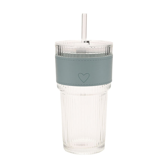 Ribbed cold drink tumbler in clear fluted glass with a blue sleeve featuring an embossed heart, fitted clear lid and straw, shown on a plain white background.