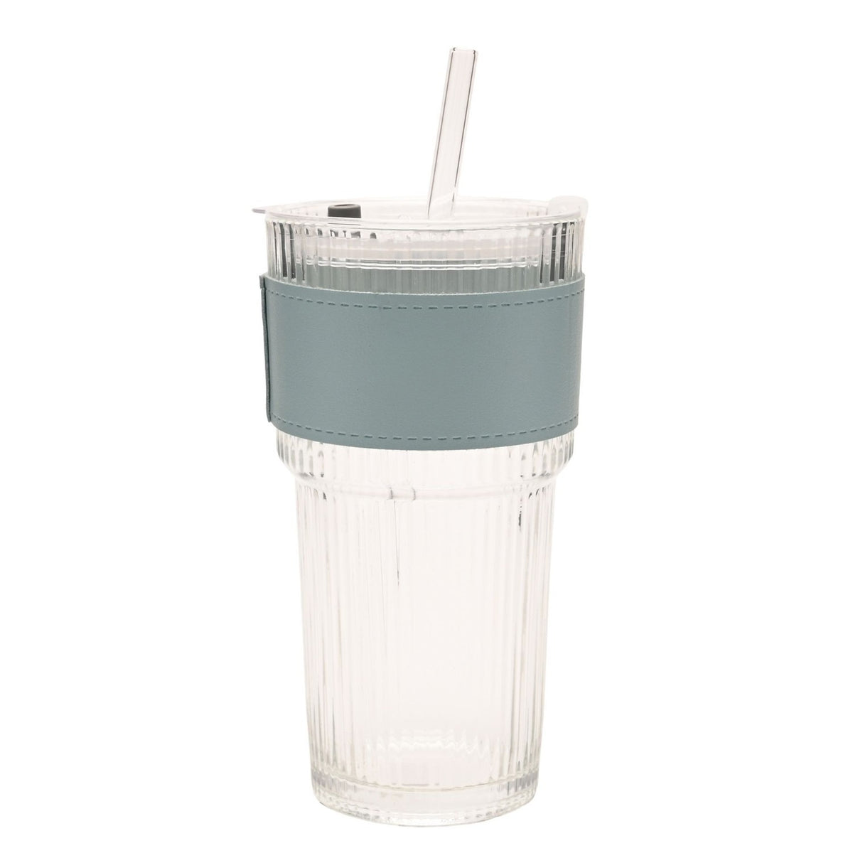 Ribbed cold drink tumbler with clear fluted glass body, fitted lid, clear straw and a blue sleeve with stitched edges, shown on a plain white background.