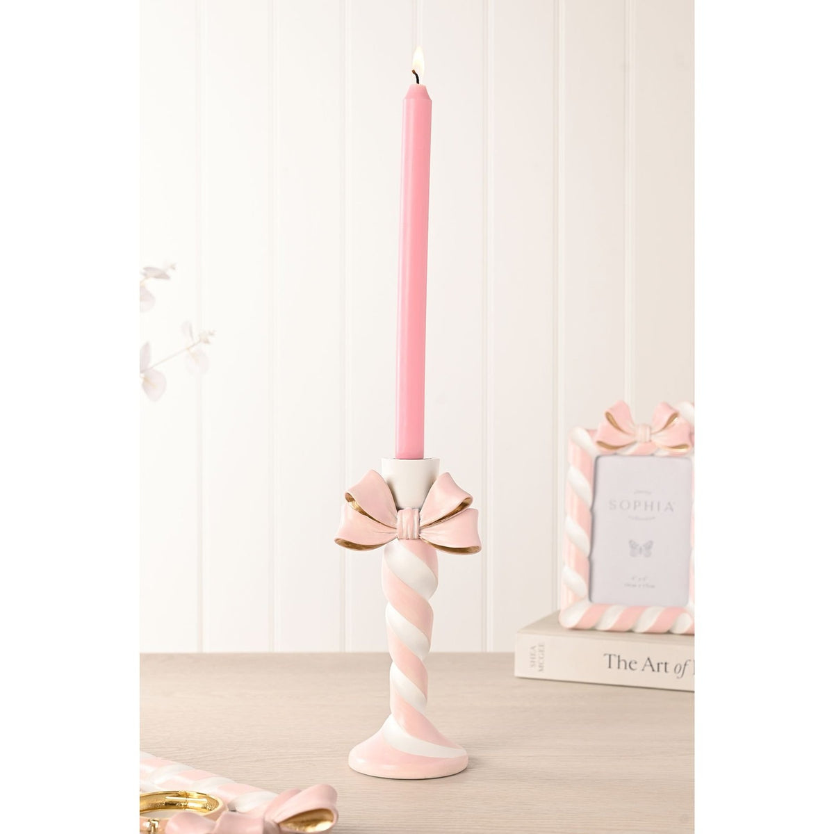 Candy Cane and Bow Resin Candle Holder 22cm - Pink & White
