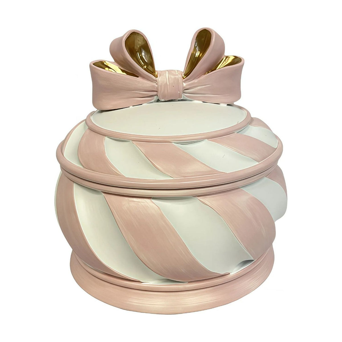 Round resin trinket box with pink and white candy cane swirl stripes, a footed base, and a lid topped with a pink bow featuring gold-lined loops, shown on a plain white background.