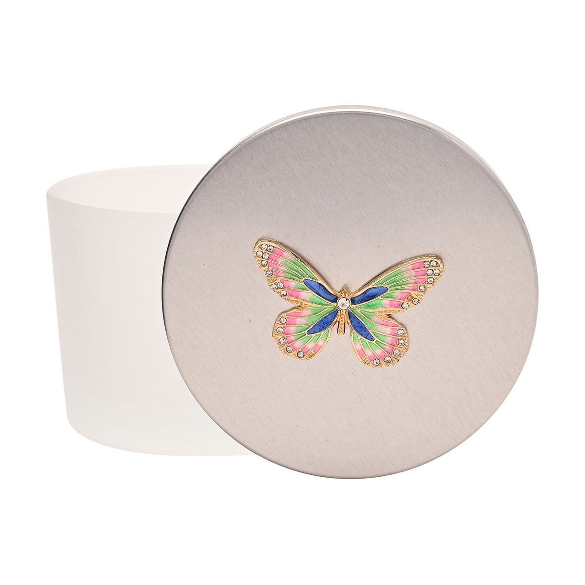 Blue Butterfly Round Trinket Box with Lift-Off Lid - Pink