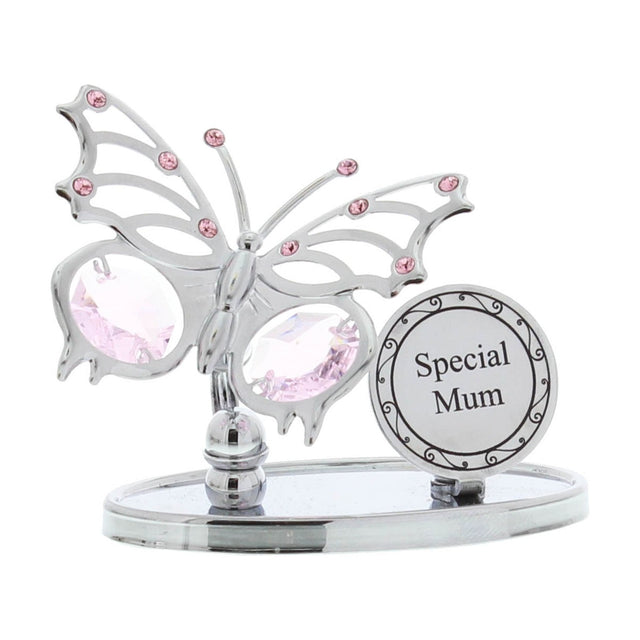 Chrome plated butterfly plaque with pink faceted drops and crystal accents, paired with a round "Special Mum" medallion on a mirrored oval base, plain white background.