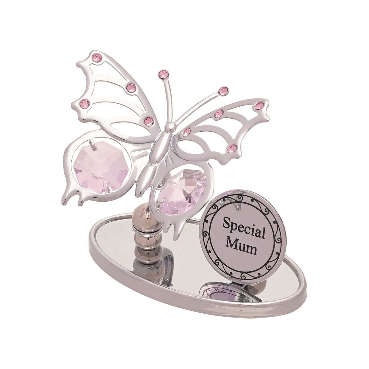 Chrome plated butterfly plaque with pink crystal accents on an oval mirrored base, featuring a round "Special Mum" tag, shown on a plain white background.