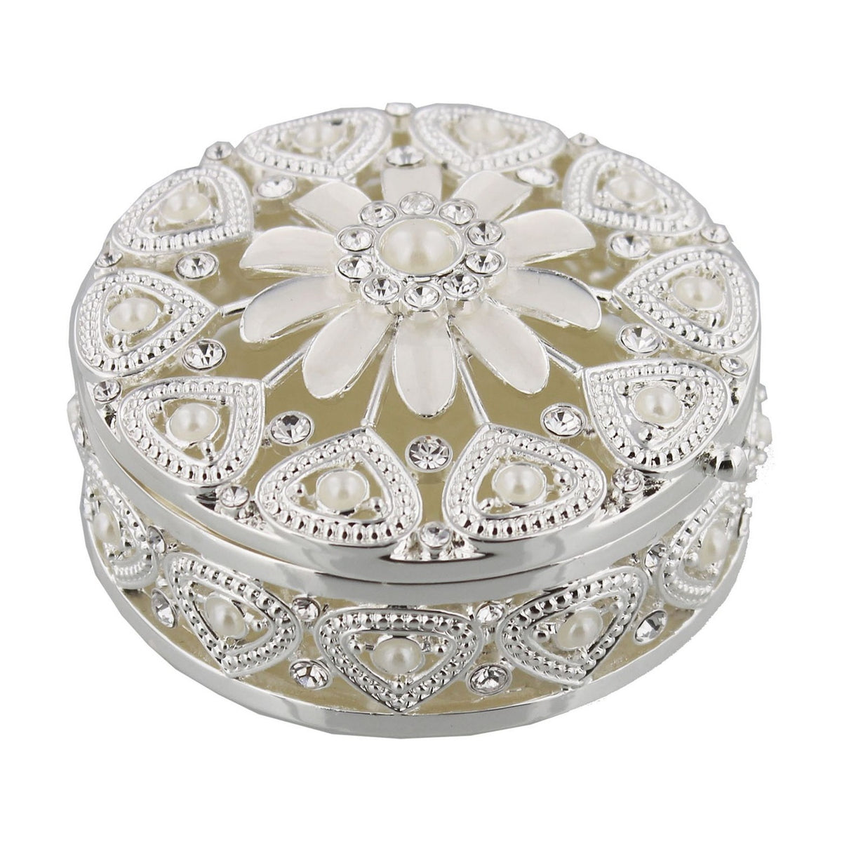 Pearl Flower Design Round Silverplated Trinket Box - Cream