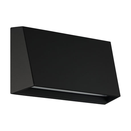 Spongano LED Outdoor Wall Light in black aluminium, wedge-shaped body with a downward light slot and clear plastic shade, shown on a plain white background.