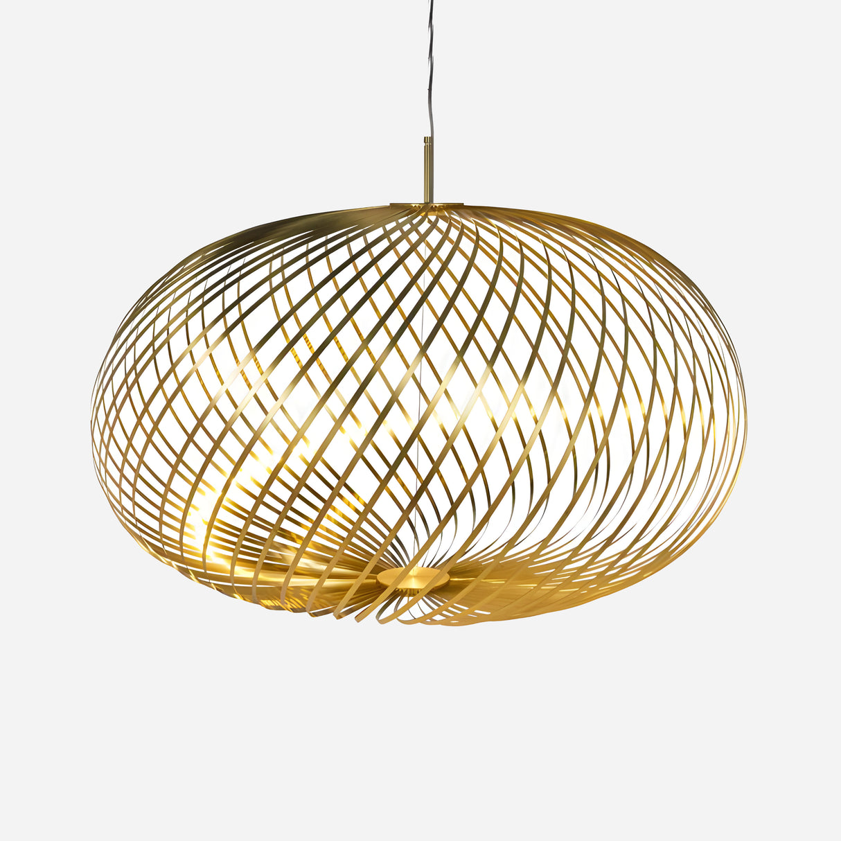 The Swirl Large LED Pendant Light - Brass, featuring a spherical design with concentric lines, hangs against a white background. Its open pattern allows the energy-efficient lighting to cast intricate shadows.