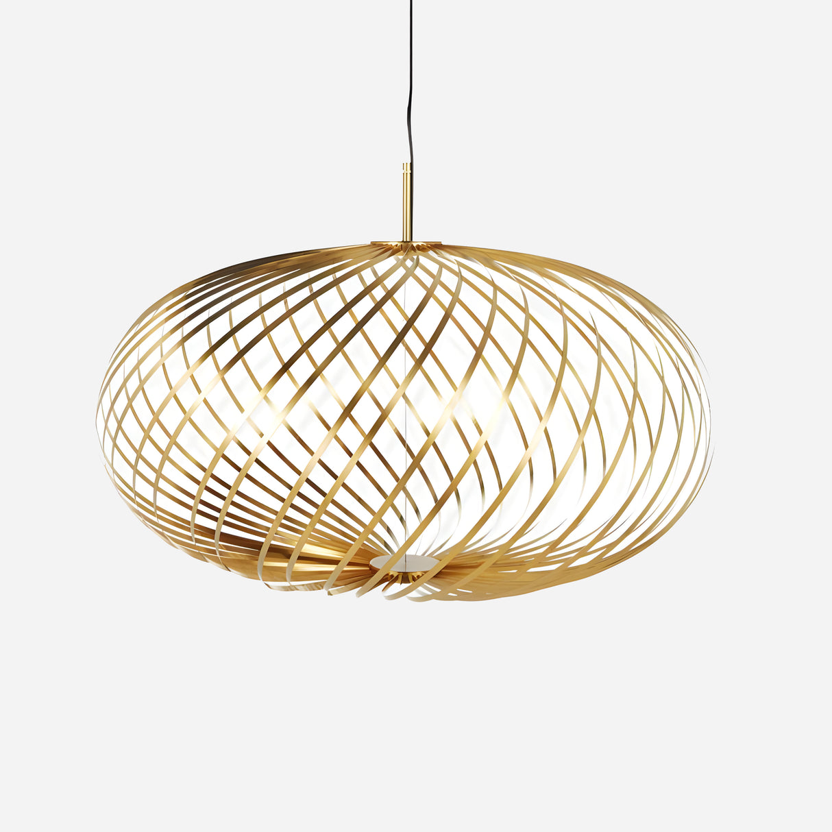 The Swirl Medium LED Pendant Light - Brass is a contemporary gold lighting fixture with a spherical shape created by intertwining, curved brass bands. It suspends elegantly from a slender black cord set against a simple white background, highlighting its energy-efficient LED technology for radiant illumination.
