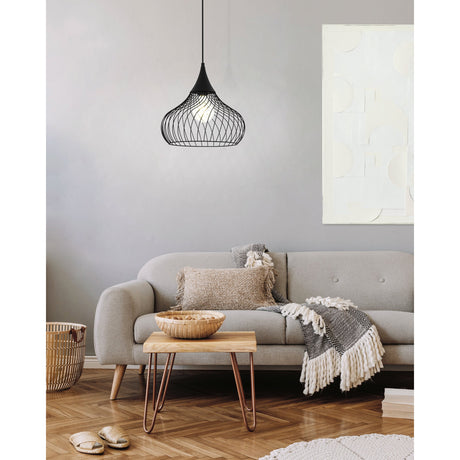 Staverton Pendant Light in black steel with an onion-shaped wire lattice shade, hung above a grey sofa and wooden coffee table in a living room setting.
