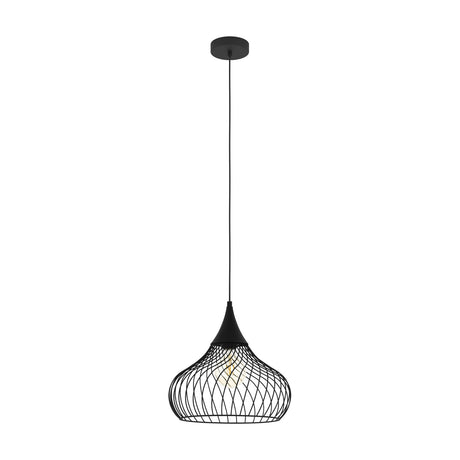 Staverton Pendant Light in black steel, featuring an onion-shaped open wire shade with diamond lattice detailing, suspended from a black cord and ceiling rose on a plain white background.