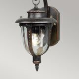 The St Louis 1 Light Outdoor Small Wall Light in weathered bronze finish, featuring glass panels, is mounted on a gray wall. With its ornamental design and visible bulb, it presents a classic and elegant look.