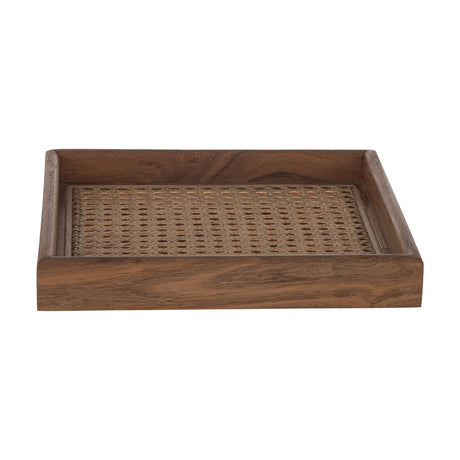 Surigao Decorative Tray in Natural, a shallow square acacia wood tray with a woven rattan lattice base and low wooden sides, shown on a plain white background.