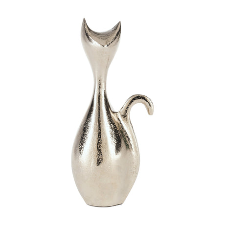 Suzu Cat Ornament 20cm in nickel-finished aluminium, a stylised figure with pointed ears, slender neck, rounded body and curled tail, on a plain white background.
