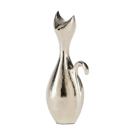 Suzu Cat Ornament 20cm in nickel-finished aluminium, a stylised elongated figure with pointed ears, slender curved neck and raised tail, shown on a plain white background.