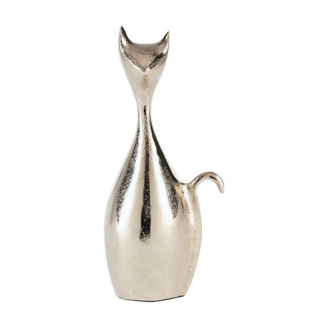 Suzu Cat Ornament 25.5cm in nickel-finish aluminium, a stylised sitting cat with elongated neck, pointed ears and curled tail, shown on a plain white background.