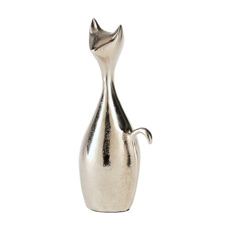 Suzu Cat Ornament 25.5cm, a stylised aluminium cat figurine in nickel finish with long slender neck, pointed ears and curled tail, shown on a plain white background.