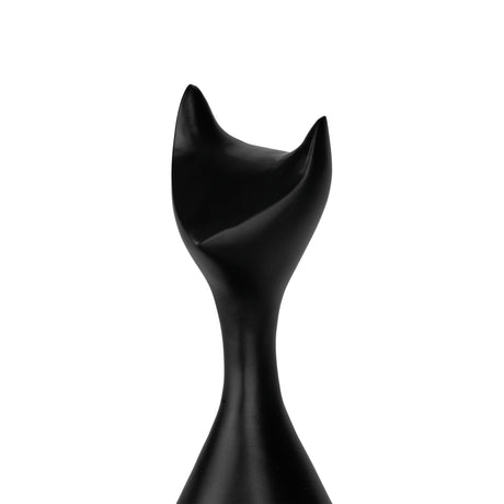 Suzu Cat Ornament in black aluminium, close-up of the stylised head with pointed ears and slender neck, smooth matte finish on a plain white background.