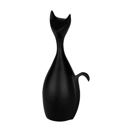 Suzu Cat Ornament in black aluminium, a tall stylised figurine with slender neck, pointed ears and curled tail, shown on a plain white background.
