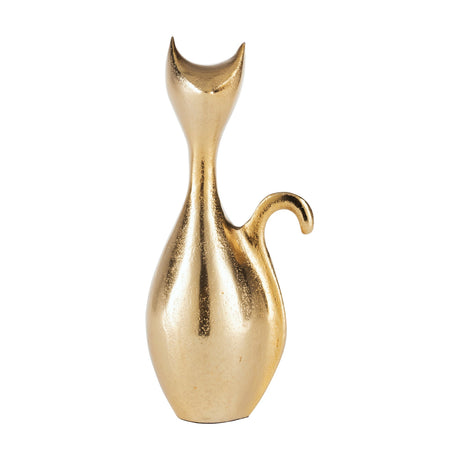 Suzu Cat Ornament in gold aluminium, a stylised figurine with an elongated neck, pointed ears, and a curled tail, shown on a plain white background.