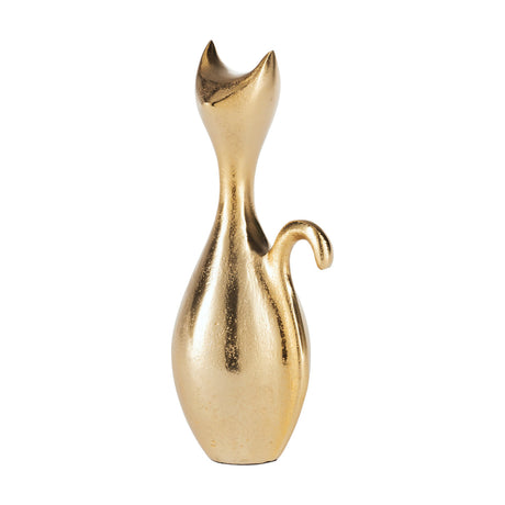 Suzu Cat Ornament in gold aluminium, a stylised figurine with a slender neck, pointed ears and curled tail, textured finish, on a plain white background.