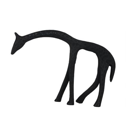 Suzu Giraffe Ornament in black aluminium, a slim sculpted figure with a lowered head, long curved neck, tall legs, and dimpled surface texture, shown on a plain white background.