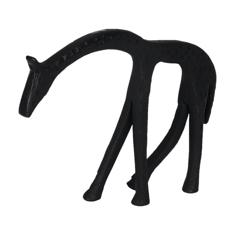 Suzu Giraffe Ornament in black aluminium, a slim figurine with a lowered head, dimpled dot texture, and tall legs mid-stride, shown on a plain white background.